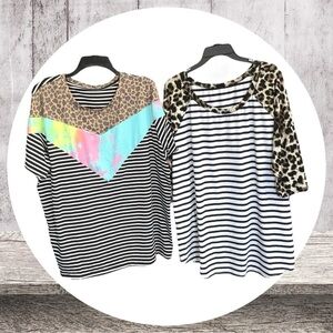 2 TShirts w Unique Patterns of Stripes, Camouflage, Leopard Print Women 3X